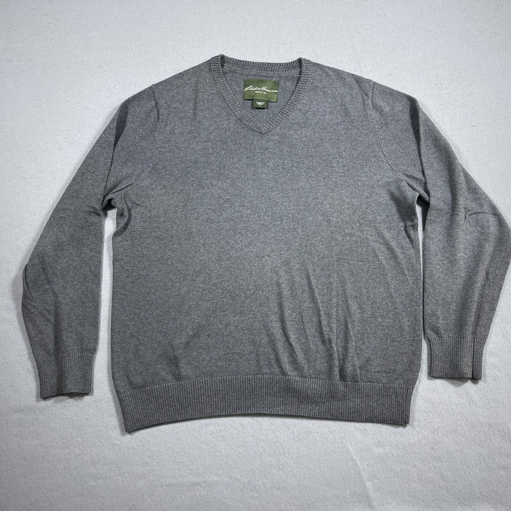 Eddie Bauer V Neck Sweater Men Large Regular Grey Cotton Cashmere Mix Minimalist
